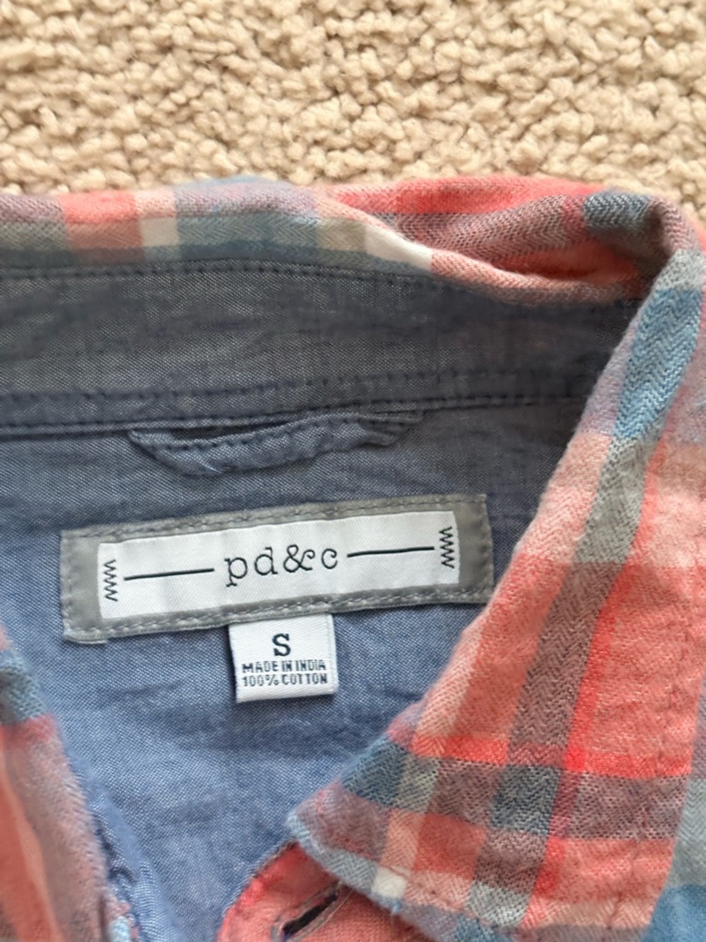 PD&C Coral, Gray & Light Blue Plaid Cotton Shirt